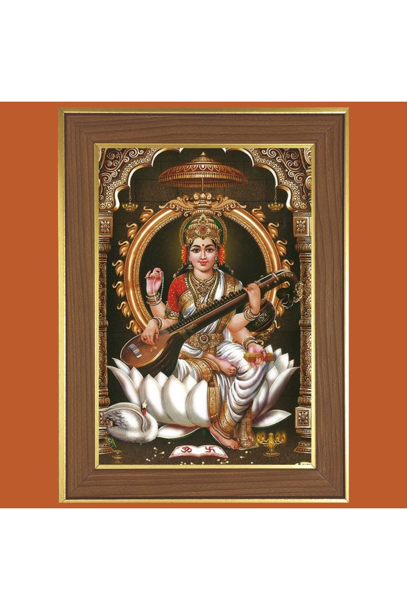 Goddess Saraswati Photo Frame  10x14 Inches-Brown Wooden Frame for Home , Office & Temple Decoration and Gifting