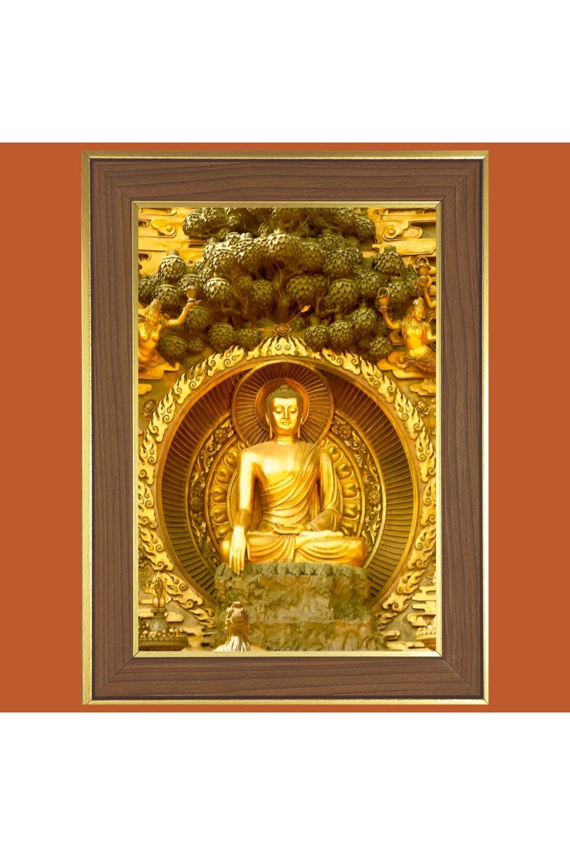 Peaceful Buddha Photo Frame  10x14 Inches-Brown Wooden Frame for Home , Office & Temple Decoration and Gifting