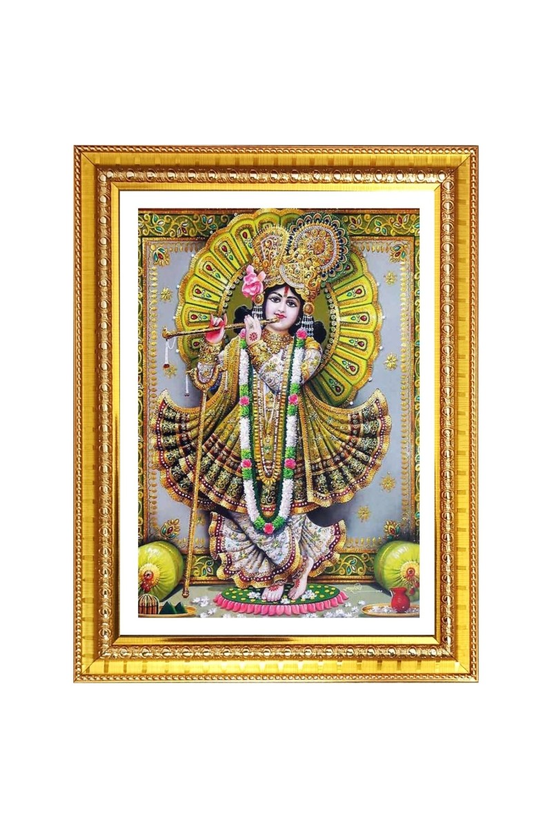 Shri krishna with murali Photo Frame  10x14 Inches-Brown Wooden Frame for Home , Office & Temple Decoration and Gifting