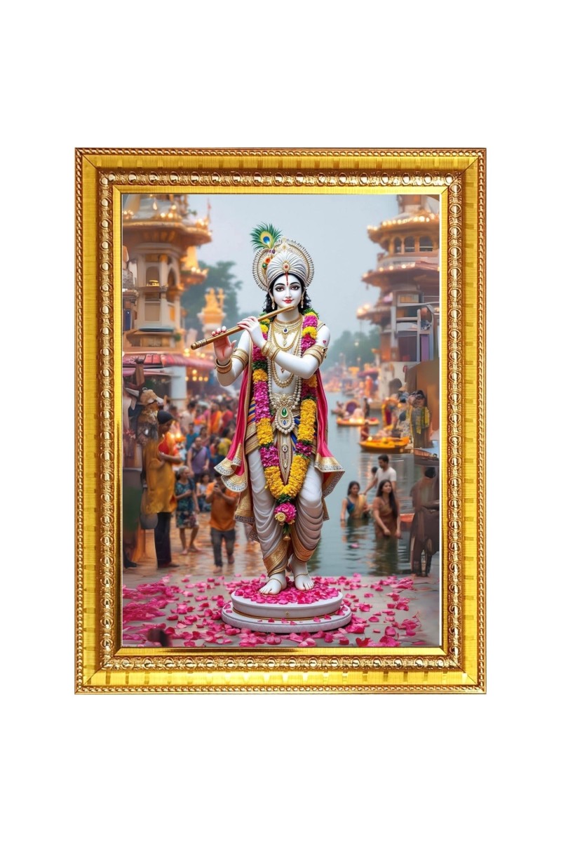 Lord Sri krishna with Murali Photo Frame  10x14 Inches-Brown Wooden Frame for Home , Office & Temple Decoration and Gifting