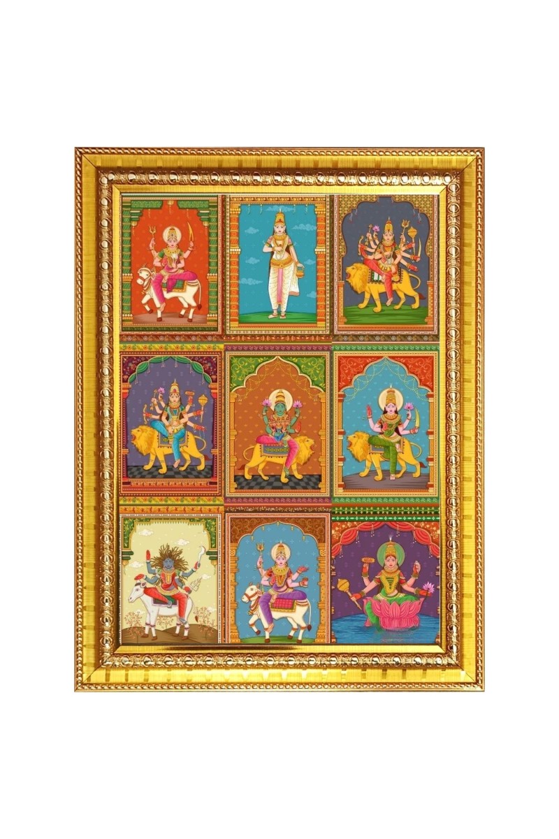 Nine Shakti Roop Photo Frame  10x14 Inches-Brown Wooden Frame for Home , Office & Temple Decoration and Gifting