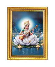 Goddess Maa Saraswati Sitting on Flower Photo Frame  10x14 Inches-Brown Wooden Frame for Home , Office & Temple Decoration and Gifting
