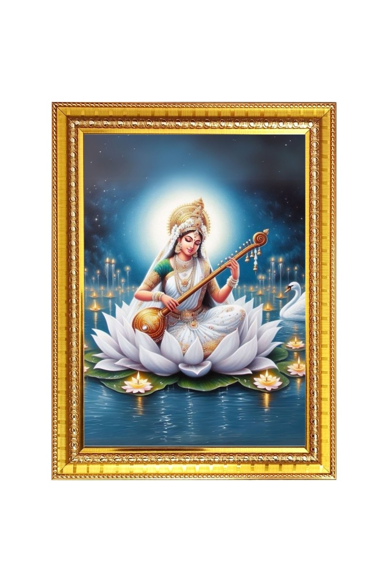 Goddess Maa Saraswati Sitting on Flower Photo Frame  10x14 Inches-Brown Wooden Frame for Home , Office & Temple Decoration and Gifting