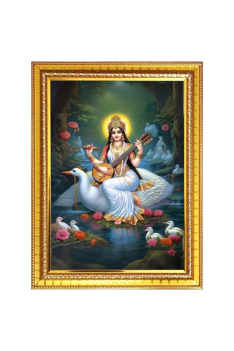 maa saraswati Photo Frame  10x14 Inches-Brown Wooden Frame for Home , Office & Temple Decoration and Gifting