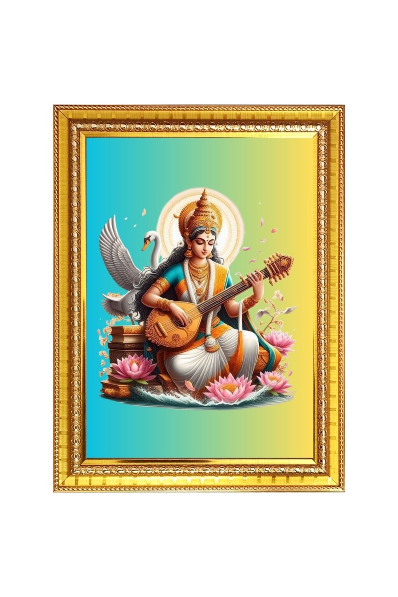 Goddess Saraswati Photo Frame  10x14 Inches-Brown Wooden Frame for Home , Office & Temple Decoration and Gifting