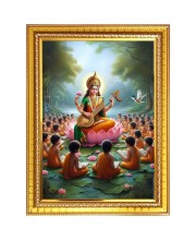 Goddess Maa Saraswati Sitting on Flower Photo Frame  10x14 Inches-Brown Wooden Frame for Home , Office & Temple Decoration and Gifting
