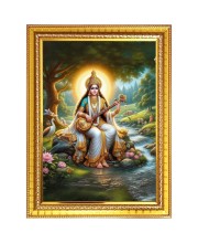Mata Saraswati Devi Goddess of Knowledge  Photo Frame  10x14 Inches-Brown Wooden Frame for Home , Office & Temple Decoration and Gifting