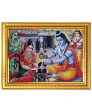 Ram Sita Worshiping Shiva Lingam  Photo Frame  10x14 Inches-Brown Wooden Frame for Home , Office & Temple Decoration and Gifting