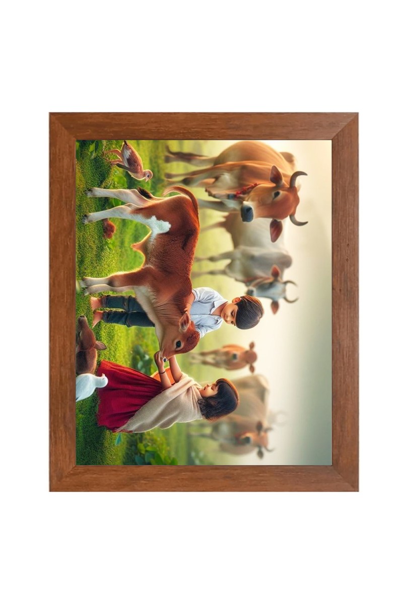 AI Funny AI Funny Boy with Cow Art Picture for Kids Art Picture for Kids - 10x14 inches, Brown Color - Perfect Wall Decor for Children's Room