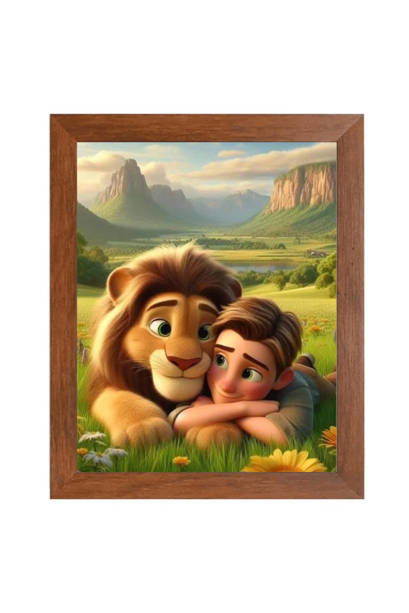 AI Funny AI Funny Boy with Lion Art Picture for Kids Art Picture for Kids - 10x14 inches, Brown Color - Perfect Wall Decor for Children's Room
