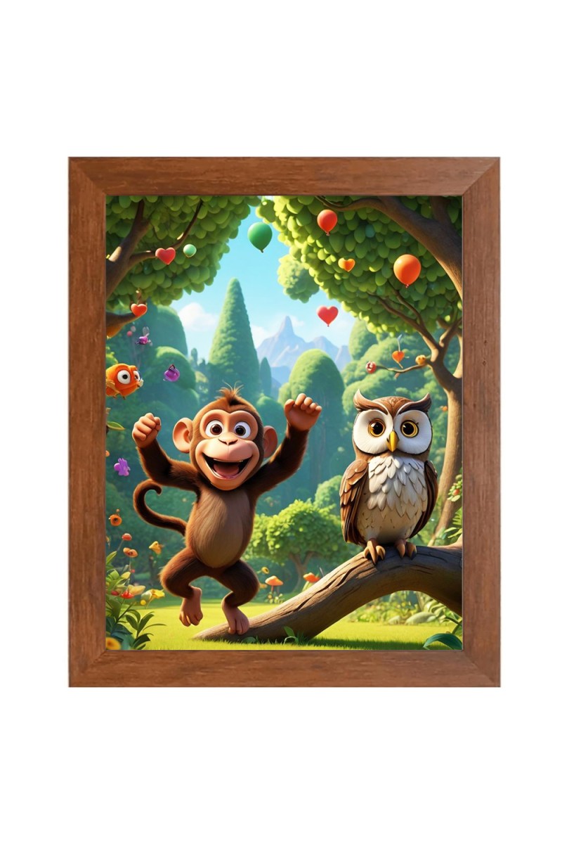 AI Funny AI Funny Monkey and Owl Art Picture for Kids Art Picture for Kids - 10x14 inches, Brown Color - Perfect Wall Decor for Children's Room