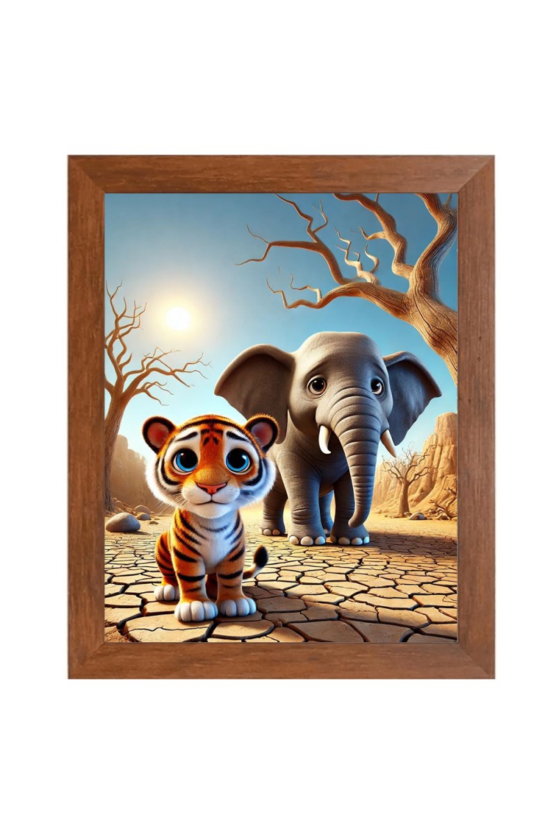 AI Funny AI Funny Tiger and Elephant Art Picture for Kids Art Picture for Kids - 10x14 inches, Brown Color - Perfect Wall Decor for Children's Room