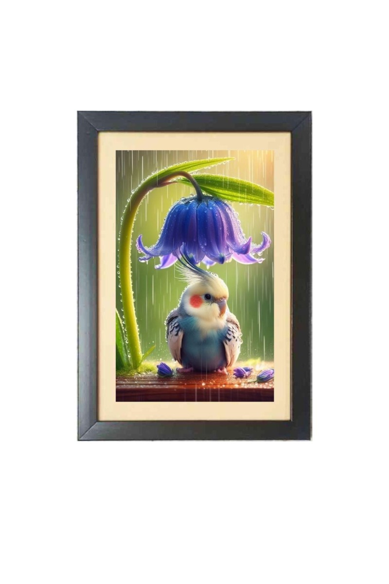Purple color bird under roof of purple colour flower   Photo Frame Funny Animal and Bird Cartoon Art, Black color, 11x15 Inch
