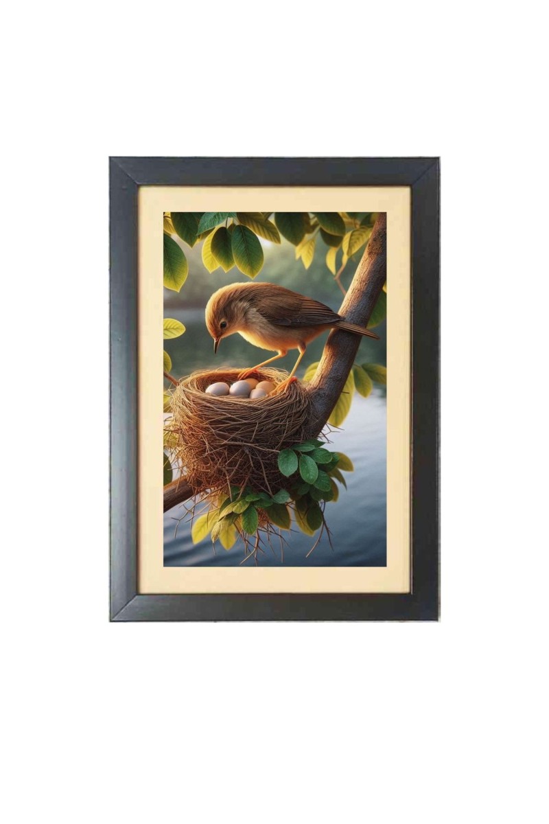 A bird guards its eggs on a tree branch  Photo Frame Funny Animal and Bird Cartoon Art, Black color, 11x15 Inch