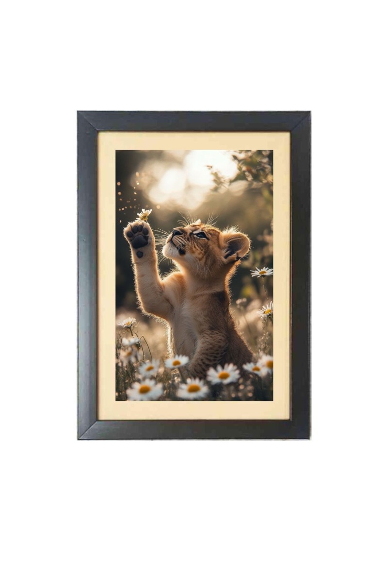 The fierce tiger gently held a delicate flower   Photo Frame Funny Animal and Bird Cartoon Art, Black color, 11x15 Inch