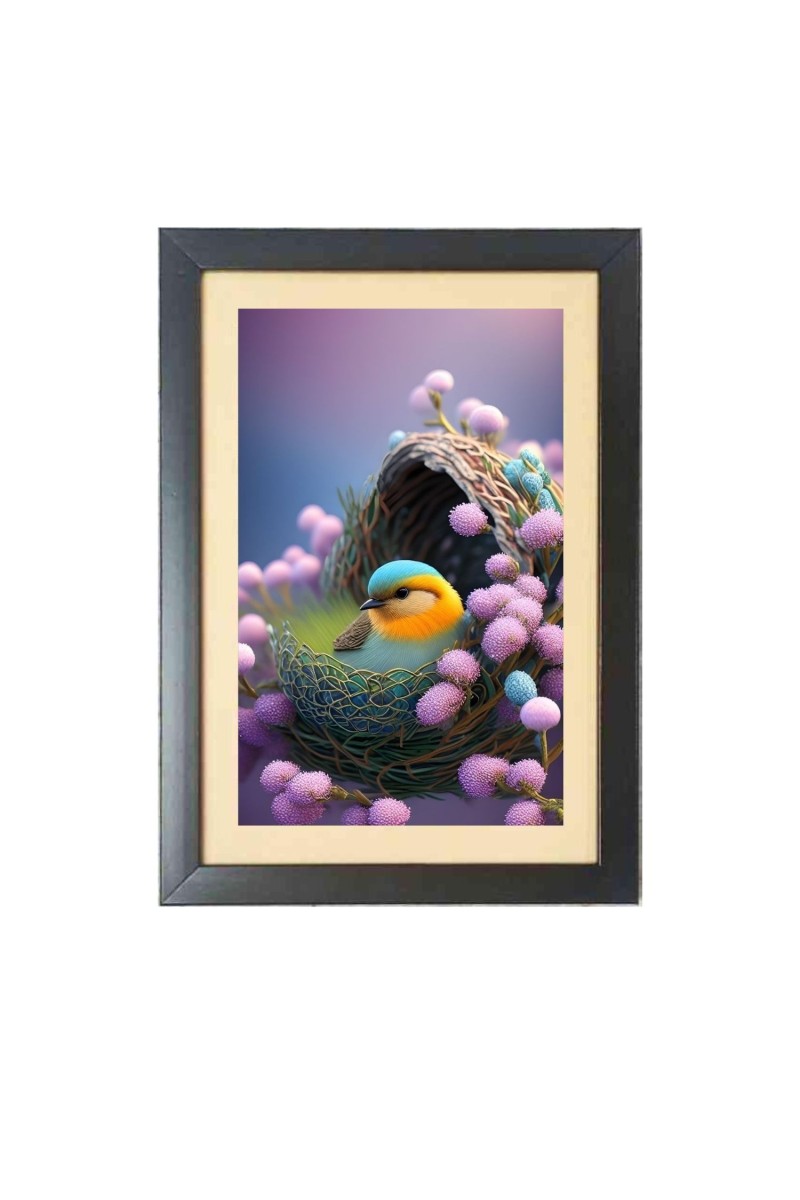 The cute bird is sitting in the nest  Photo Frame Funny Animal and Bird Cartoon Art, Black color, 11x15 Inch