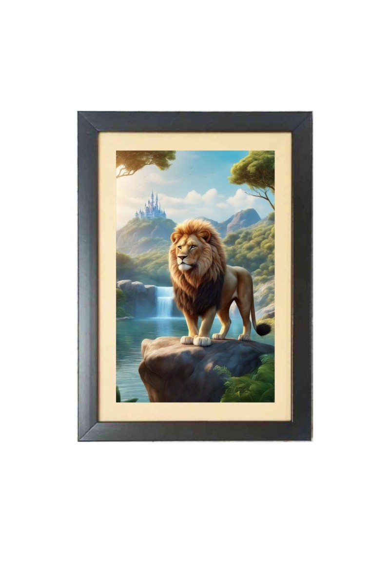 The wild lion is standing alone  Photo Frame Funny Animal and Bird Cartoon Art, Black color, 11x15 Inch