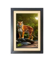 The wild tiger walk  Photo Frame Funny Animal and Bird Cartoon Art, Black color, 11x15 Inch