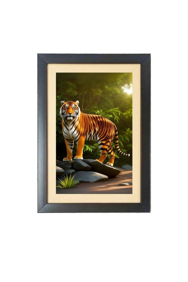 The wild tiger walk  Photo Frame Funny Animal and Bird Cartoon Art, Black color, 11x15 Inch