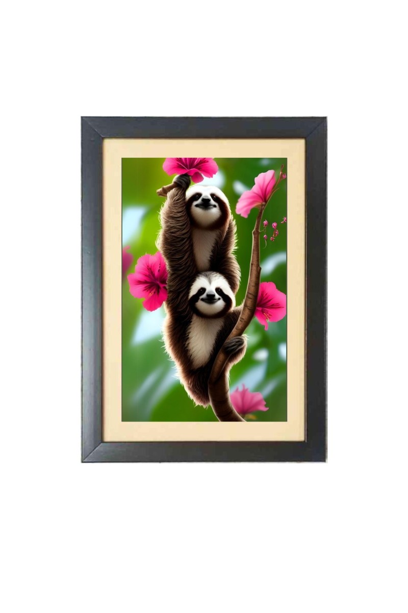 The cute sloths  Photo Frame Funny Animal and Bird Cartoon Art, Black color, 11x15 Inch