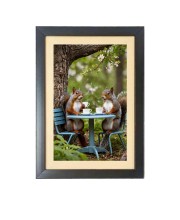 Tea time with the cutest little squirrels  Photo Frame Funny Animal and Bird Cartoon Art, Black color, 11x15 Inch