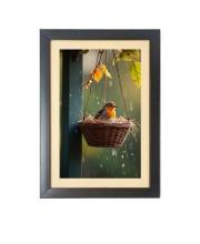 The cute bird in the round basket  Photo Frame Funny Animal and Bird Cartoon Art, Black color, 11x15 Inch
