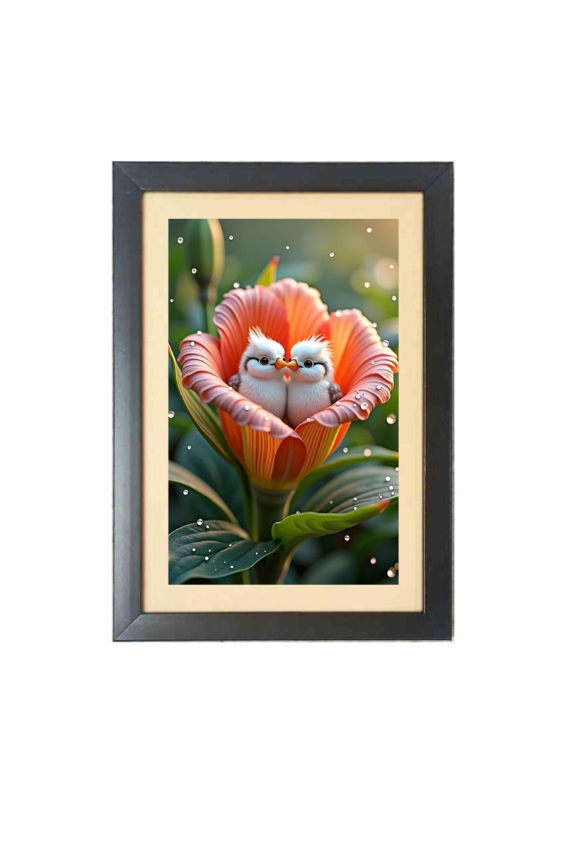 Two cute little birds inside the little flower  Photo Frame Funny Animal and Bird Cartoon Art, Black color, 11x15 Inch