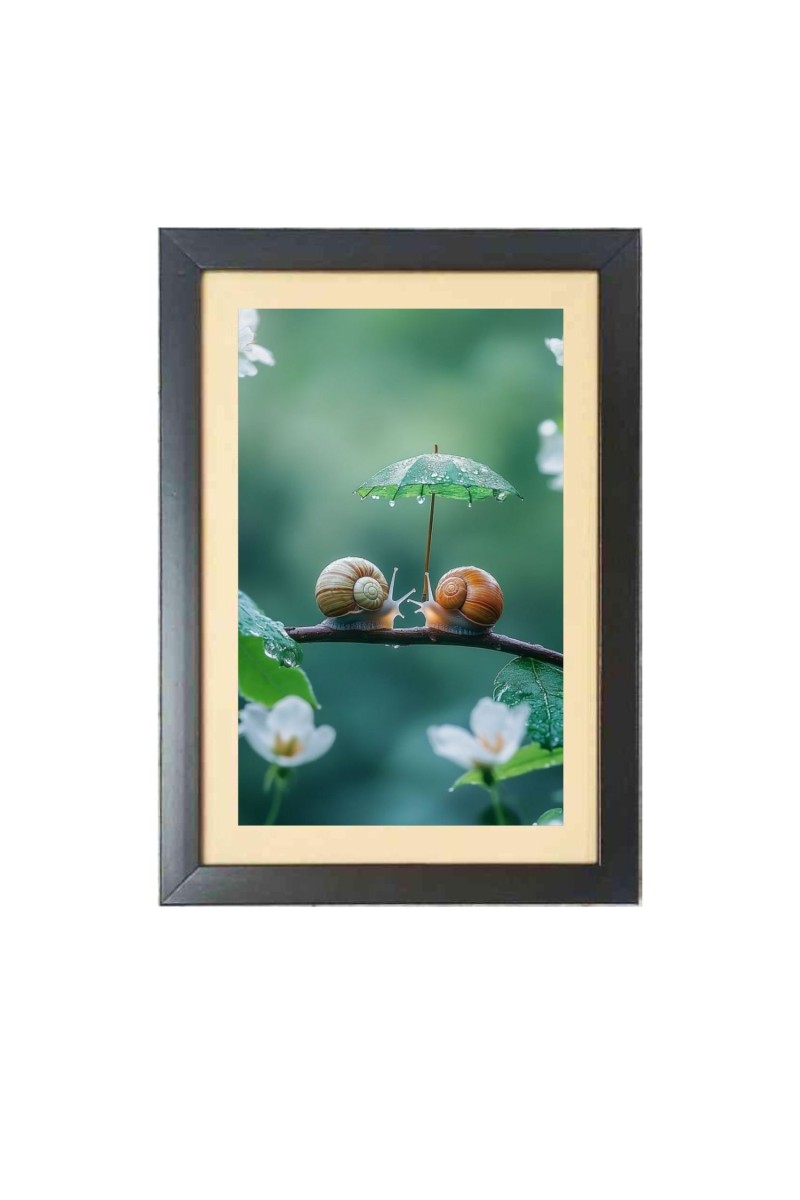 Two cute snails under little umbrella  Photo Frame Funny Animal and Bird Cartoon Art, Black color, 11x15 Inch