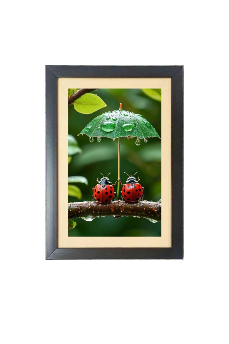 Two cute lady bugs under little umbrella  Photo Frame Funny Animal and Bird Cartoon Art, Black color, 11x15 Inch