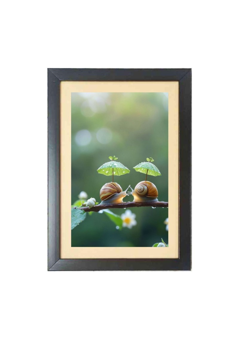 Two cute snails under two little umbrellas  Photo Frame Funny Animal and Bird Cartoon Art, Black color, 11x15 Inch