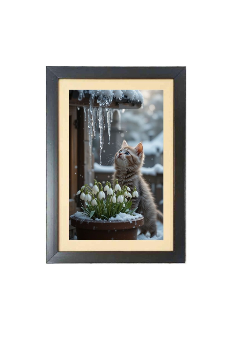 The cat is watching snow  Photo Frame Funny Animal and Bird Cartoon Art, Black color, 11x15 Inch