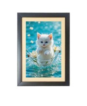 The cute white cat  Photo Frame Funny Animal and Bird Cartoon Art, Black color, 11x15 Inch