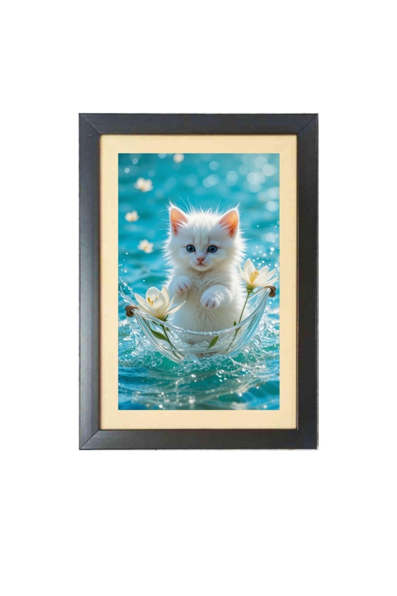 The cute white cat  Photo Frame Funny Animal and Bird Cartoon Art, Black color, 11x15 Inch