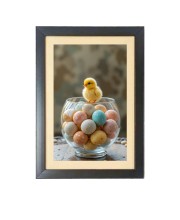 The cute baby chick is sitting under a bowl of eggs  Photo Frame Funny Animal and Bird Cartoon Art, Black color, 11x15 Inch