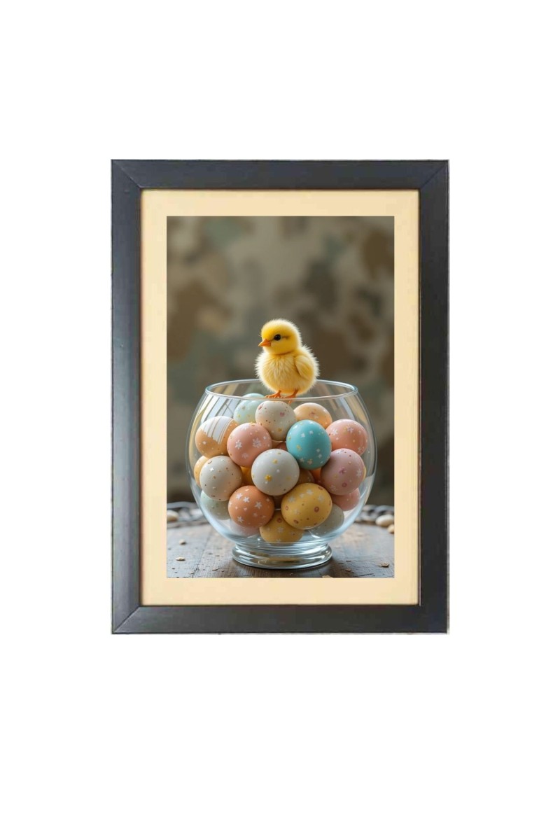 The cute baby chick is sitting under a bowl of eggs  Photo Frame Funny Animal and Bird Cartoon Art, Black color, 11x15 Inch