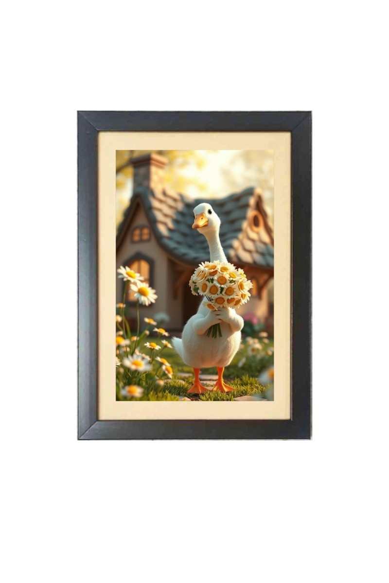 The funny duck is holding flowers  Photo Frame Funny Animal and Bird Cartoon Art, Black color, 11x15 Inch