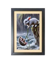 A brave Rabbit saves baby Fox from water  Photo Frame Funny Animal and Bird Cartoon Art, Black color, 11x15 Inch