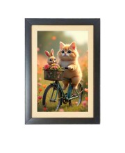 The cute cat and the rabbit are riding a bicycle  Photo Frame Funny Animal and Bird Cartoon Art, Black color, 11x15 Inch