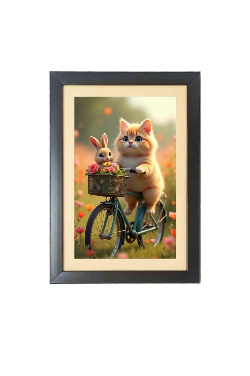 The cute cat and the rabbit are riding a bicycle  Photo Frame Funny Animal and Bird Cartoon Art, Black color, 11x15 Inch