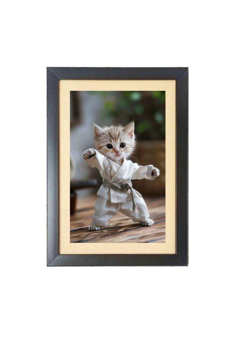 The cute cat is doing karate  Photo Frame Funny Animal and Bird Cartoon Art, Black color, 11x15 Inch