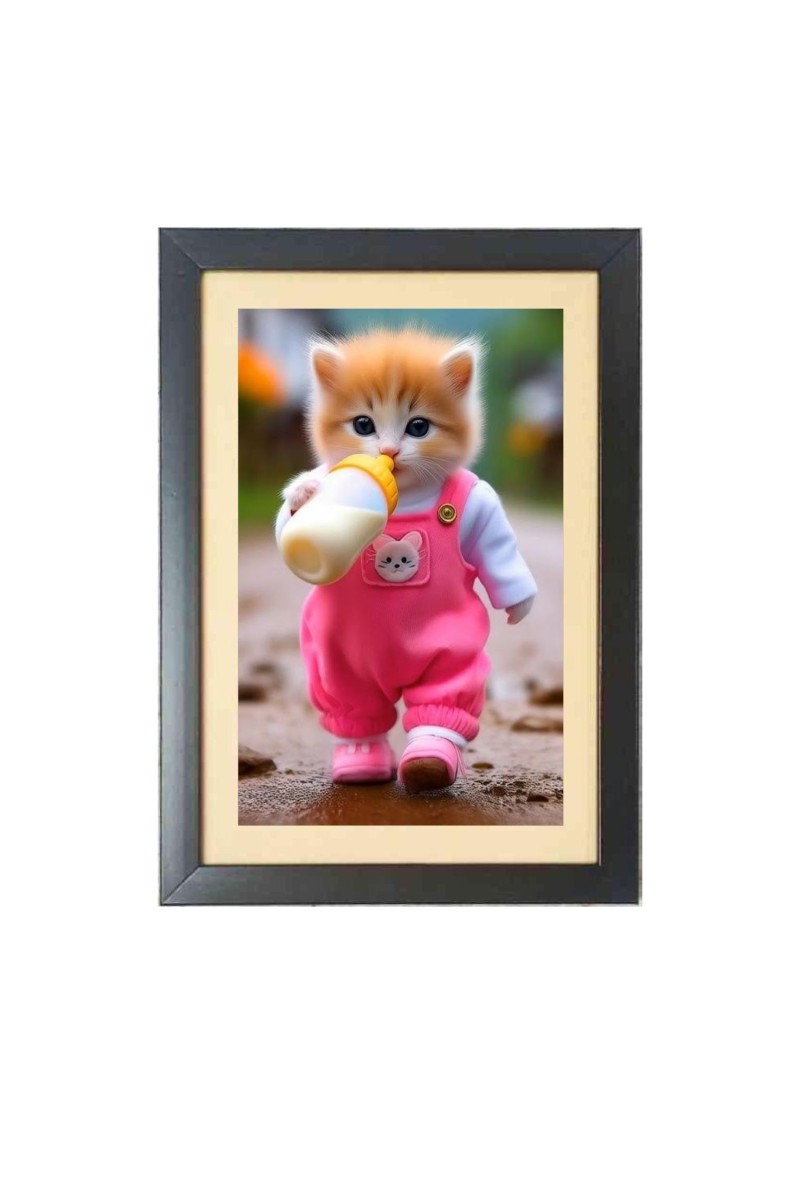 The cute cat is drinking bottle milk  Photo Frame Funny Animal and Bird Cartoon Art, Black color, 11x15 Inch