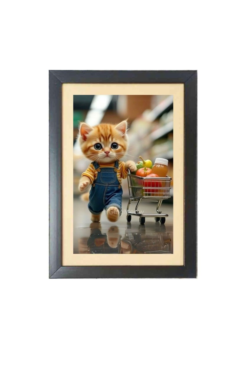 The cute cat is buying vegetables  Photo Frame Funny Animal and Bird Cartoon Art, Black color, 11x15 Inch
