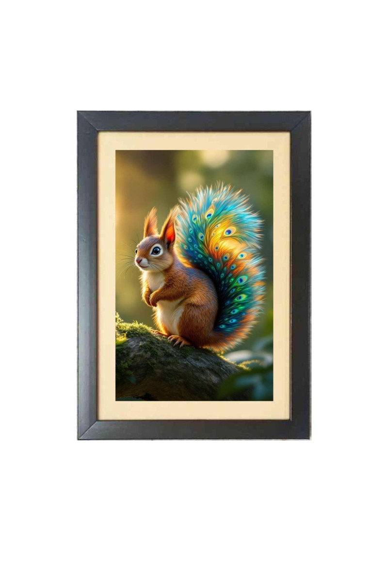 The squirrel with a peacock-feathered tail  Photo Frame Funny Animal and Bird Cartoon Art, Black color, 11x15 Inch
