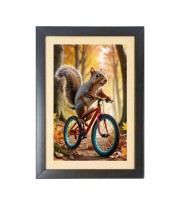 The squirrel is riding a bicycle  Photo Frame Funny Animal and Bird Cartoon Art, Black color, 11x15 Inch