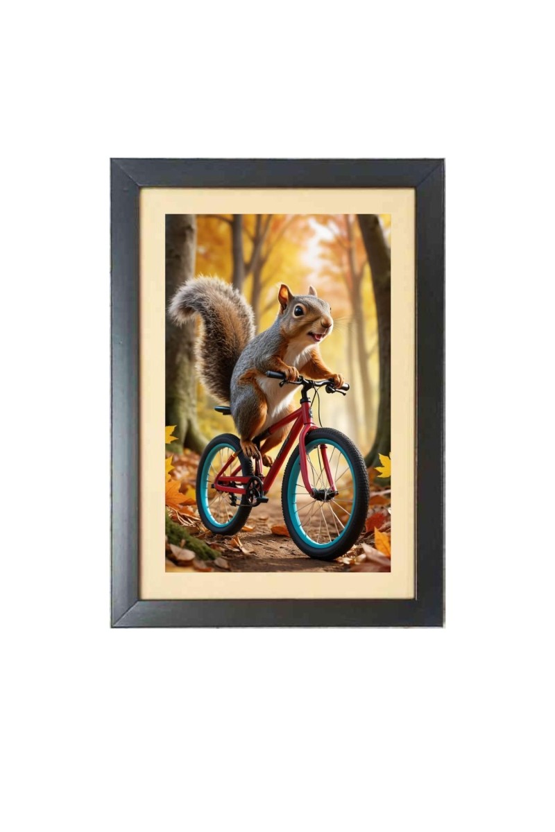 The squirrel is riding a bicycle  Photo Frame Funny Animal and Bird Cartoon Art, Black color, 11x15 Inch