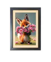Sweet Fox Holding A Lovely Flowers  Photo Frame Funny Animal and Bird Cartoon Art, Black color, 11x15 Inch