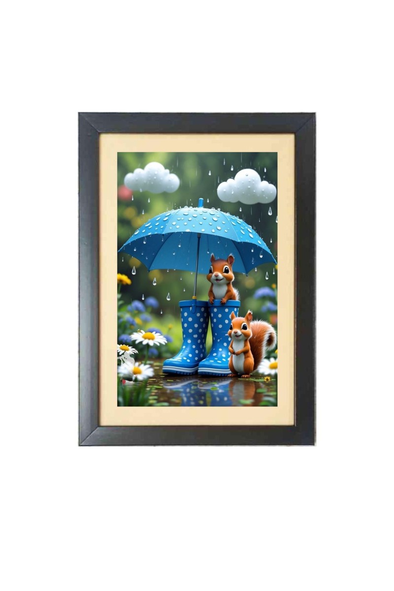 The cute cartoon squirrels under umbrella  Photo Frame Funny Animal and Bird Cartoon Art, Black color, 11x15 Inch