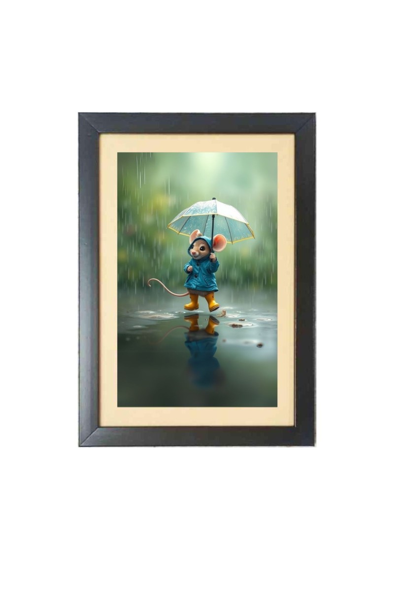 The mouse under umbrella  Photo Frame Funny Animal and Bird Cartoon Art, Black color, 11x15 Inch