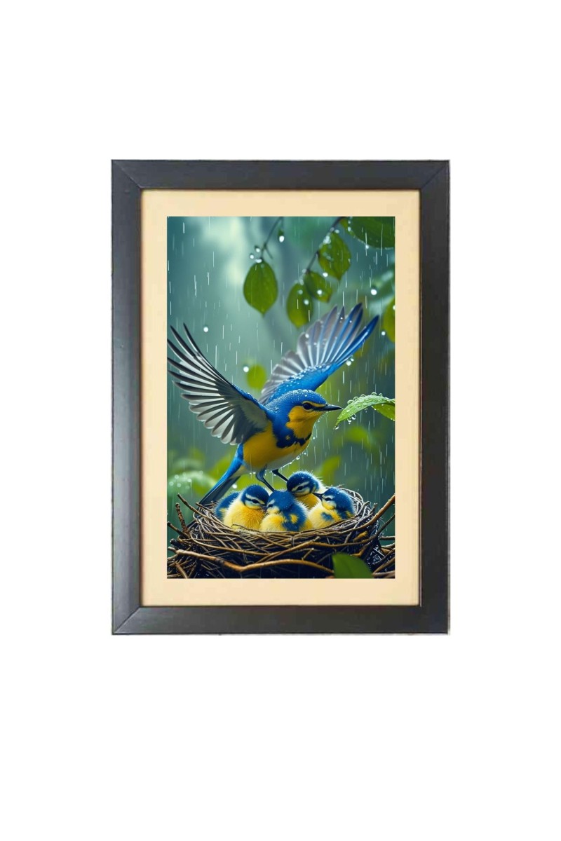 The mother bird is protecting baby birds  Photo Frame Funny Animal and Bird Cartoon Art, Black color, 11x15 Inch