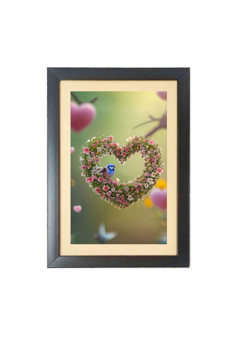 Beautiful bird with a heart shape flowers  Photo Frame Funny Animal and Bird Cartoon Art, Black color, 11x15 Inch